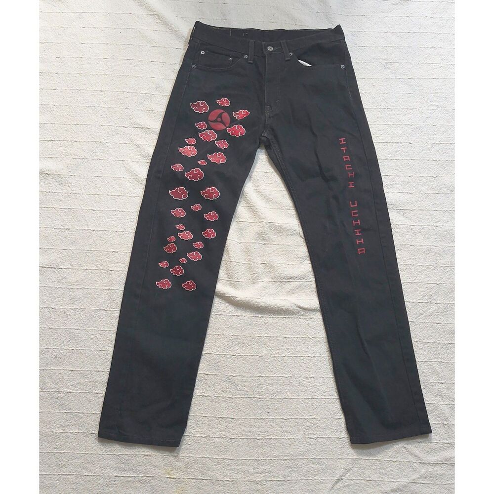 Levi 505 Black Denim Jeans with Custom Akatsuki Cloud Design